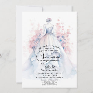 Invitation Quinceañera   Fleurs roses pâles et bleues