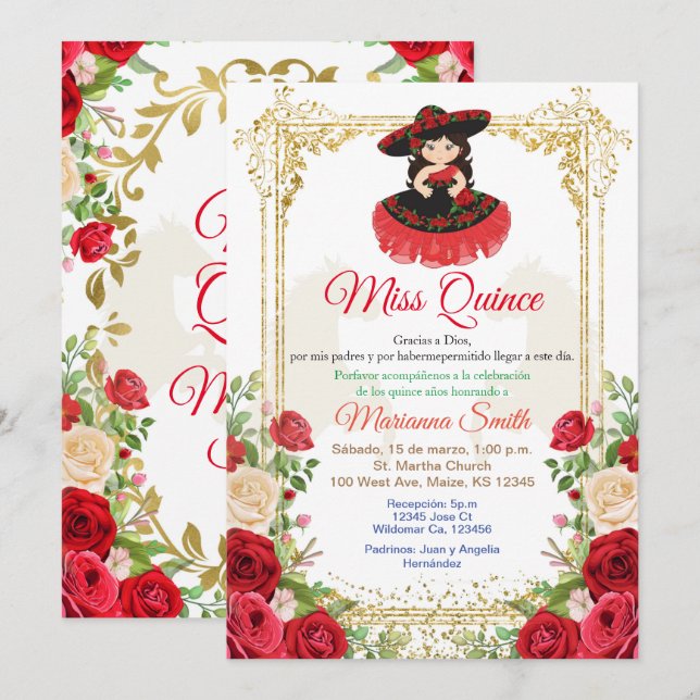 Invitation Quinceanera Fleurs Roses Rouges,  (Devant / Derrière)