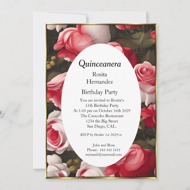 Invitation Quinceanera fleurs rouge blanc roses Anniversaire (Devant)