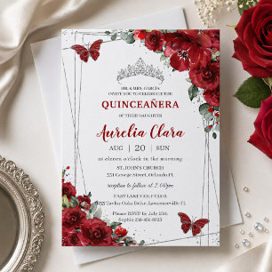 Invitation Quinceañera Fleurs Rouges Floral Papillon Argenté