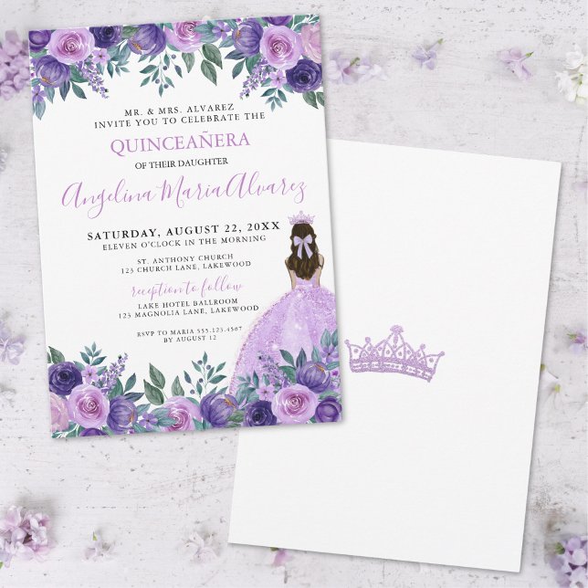 Invitation Quinceañera Fleurs violettes élégantes (Quinceañera Elegant Purple Flowers Invitation)