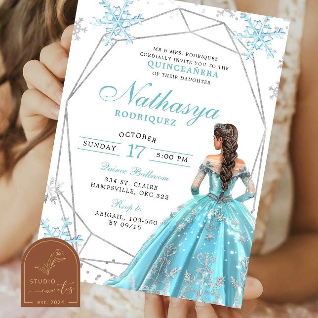 Invitation Quinceanera, flocon de neige bleu géométrique (Créateur téléchargé)