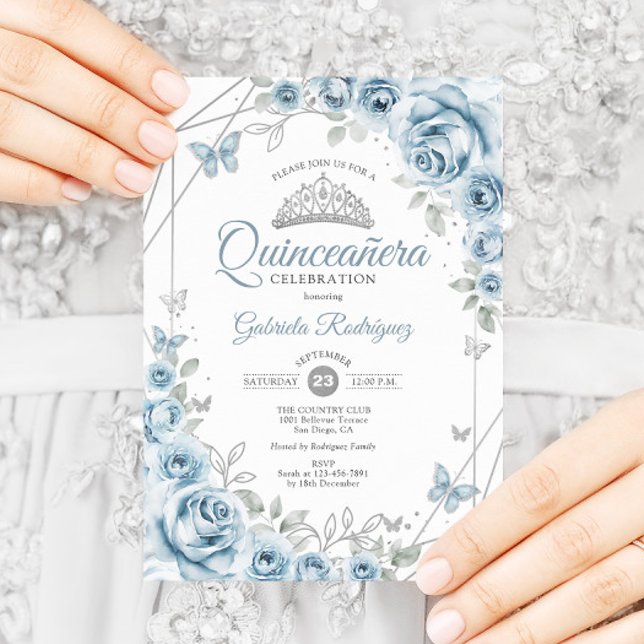 Invitation Quinceanera Floral Baby Blue Silver (Créateur téléchargé)