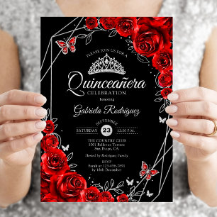 Invitation Quinceanera Floral d'argent rouge noir