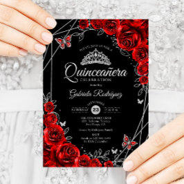Invitation Quinceanera Floral d'argent rouge noir