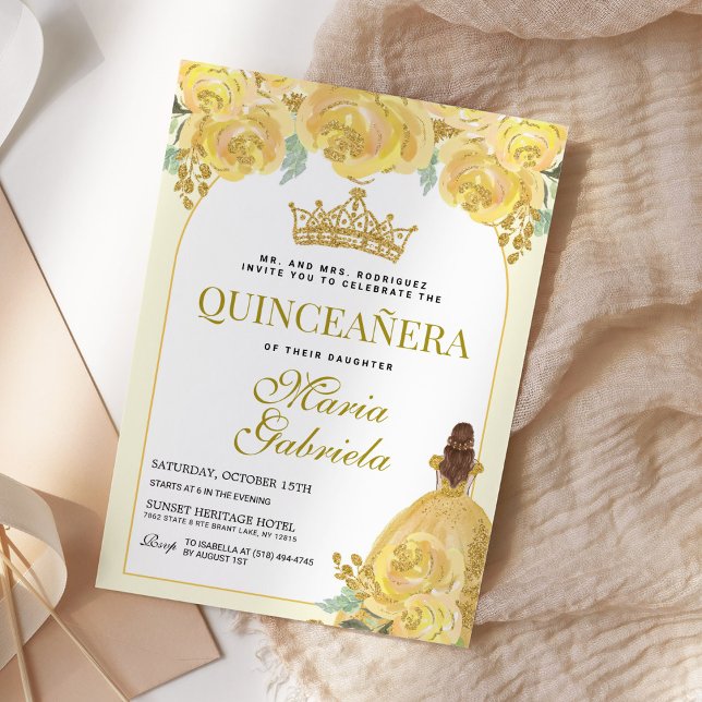 Invitation Quinceanera Floral Jaune Or Mis Quince Anos (Créateur téléchargé)