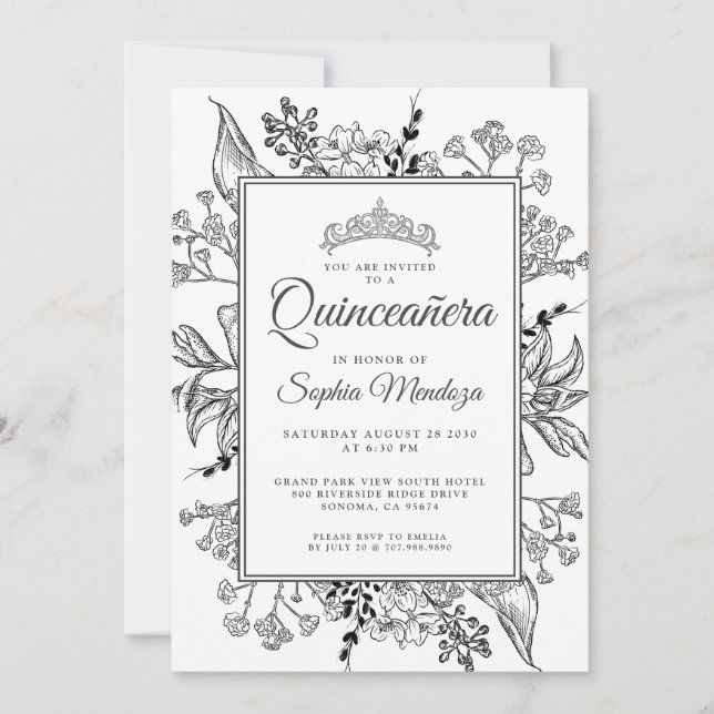 Invitation Quinceanera Floral noir blanc (Devant)
