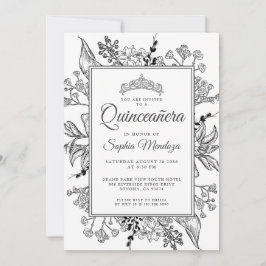 Invitation Quinceanera Floral noir blanc