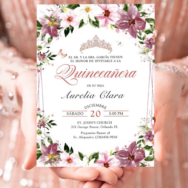 Invitation Quinceañera Floral Papillons Espagnol (Créateur téléchargé)