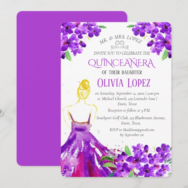 Invitation Quinceañera Floral pourpre 15e anniversaire (Devant / Derrière)