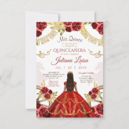 Invitation Quinceañera Floral Red Gold Charra Horaires mexica