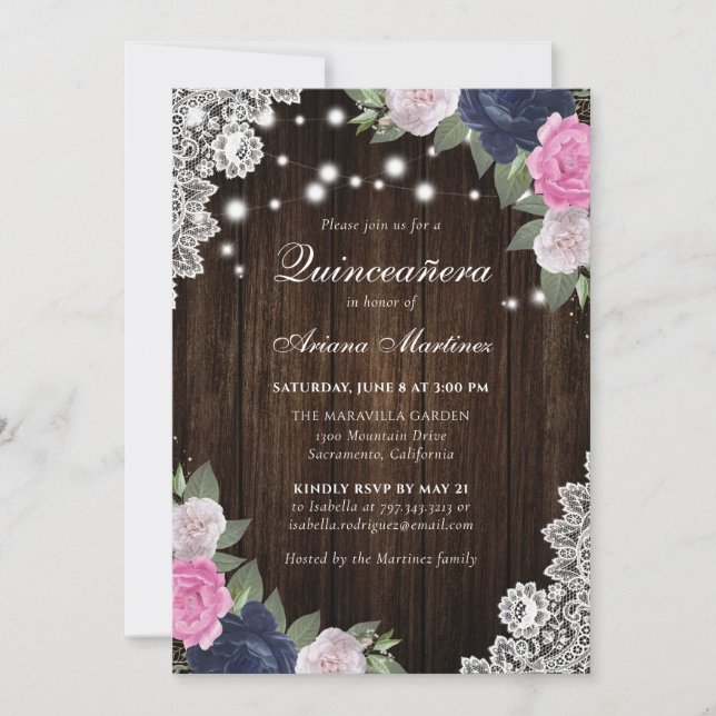 Invitation Quinceañera, Floral rose pâle de la marine russe (Devant)