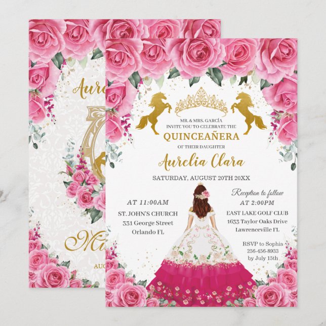 Invitation Quinceañera Floral Rose Princesse Charro Gold Hors (Devant / Derrière)