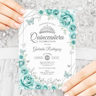 Invitation Quinceanera Floral Turquoise Argent