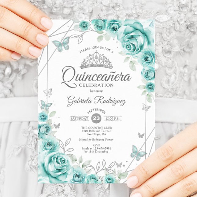 Invitation Quinceanera Floral Turquoise Argent (Créateur téléchargé)