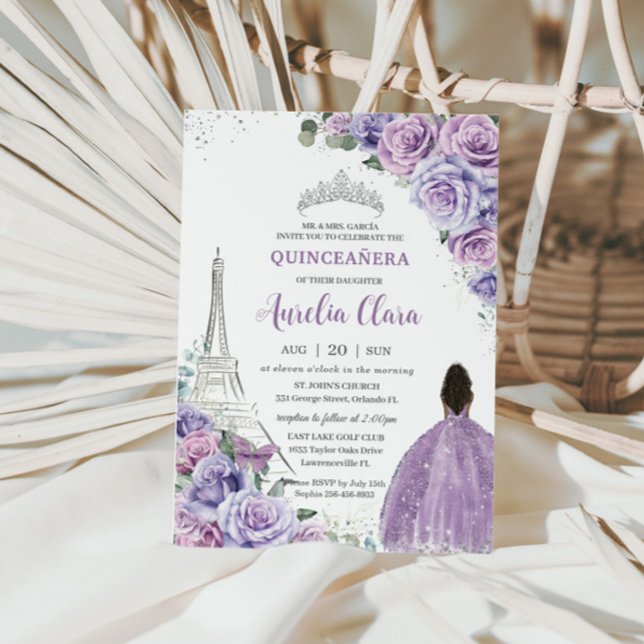 Invitation Quinceañera Floral violet Paris Eiffel Brown fille (Créateur téléchargé)