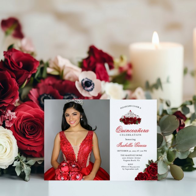 Invitation Quinceanera florale à deux photos rouges (Créateur téléchargé)