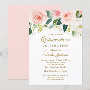 Invitation Quinceanera Florale Aquarelle Or Rose Pâle