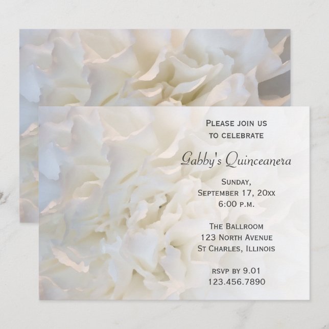 Invitation Quinceanera Florale Blanche (Devant / Derrière)