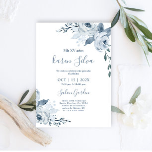 Invitation Quinceanera Florale Bleu Dusty
