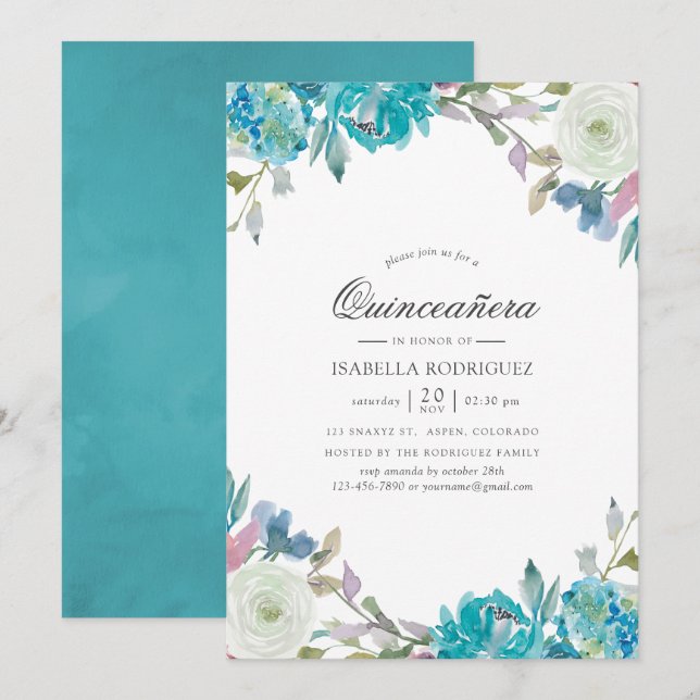 Invitation Quinceañera florale bleu et turquoise (Devant / Derrière)