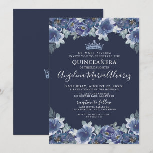 Invitation Quinceanera Florale Bleu Marine