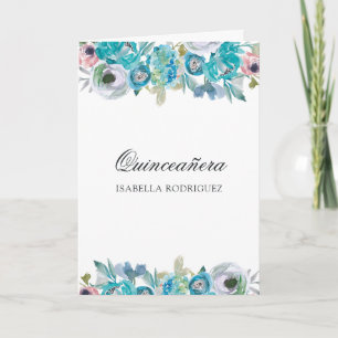 Invitation Quinceañera Florale Bleu Poussiéreux et Turquoise