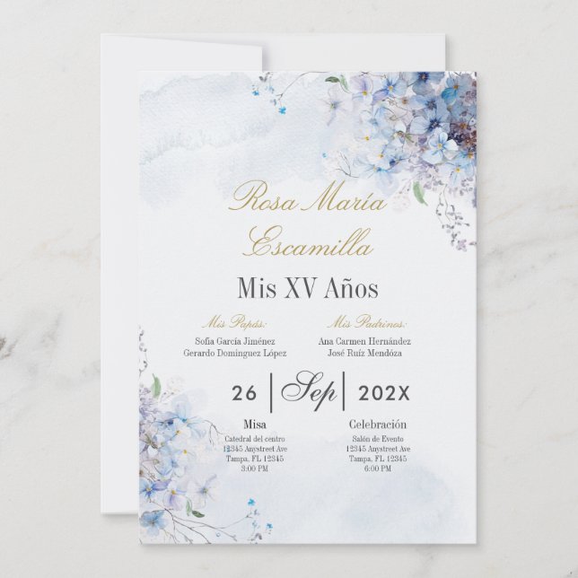 Invitation Quinceanera florale bleue (Devant)