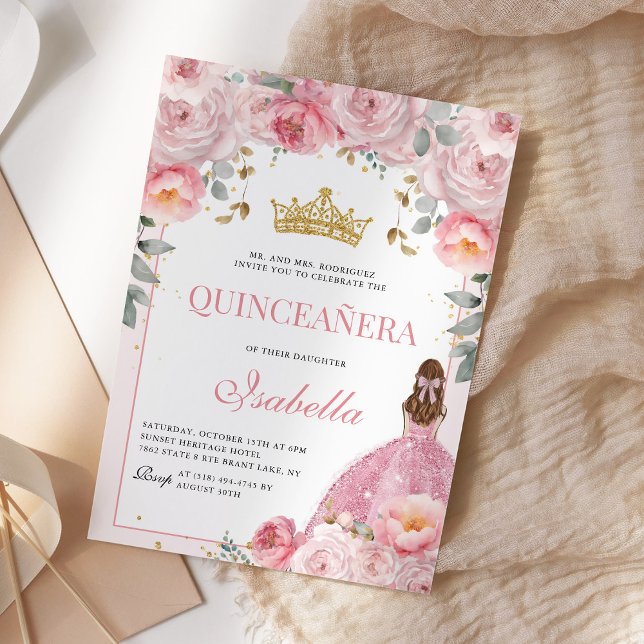 Invitation Quinceanera florale Blush Rose Gold Princess (Créateur téléchargé)