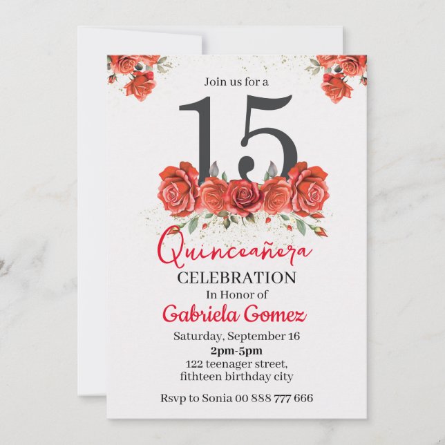 Invitation Quinceanera florale Bourgogne rouge 15e anniversai (Devant)