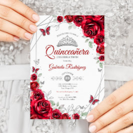 Invitation Quinceanera florale d'argent rouge