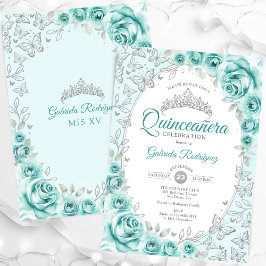 Invitation Quinceanera florale d'argent turquoise