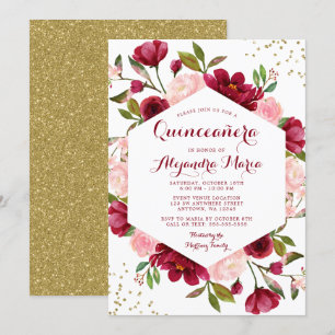 Invitation Quinceanera florale de Bourgogne moderne