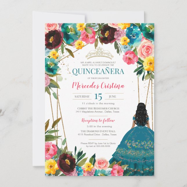 Invitation Quinceanera florale de Fiesta rose turquoise (Devant)