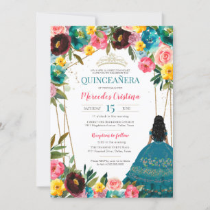 Invitation Quinceanera florale de Fiesta rose turquoise
