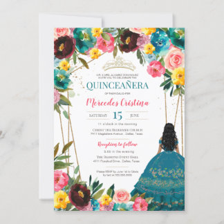 Invitation Quinceanera florale de Fiesta rose turquoise