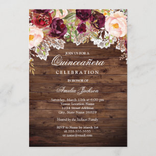 Invitation Quinceanera florale de Pêche de Bourgogne rustique