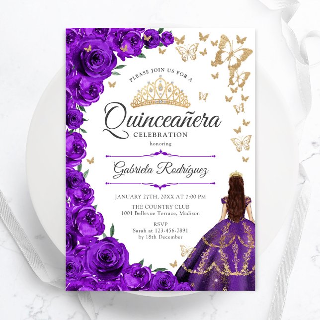 Invitation Quinceanera Florale d'or pourpre (Créateur téléchargé)