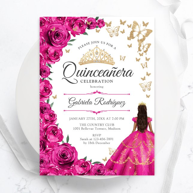 Invitation Quinceanera florale d'or rose Fuchsia (Créateur téléchargé)