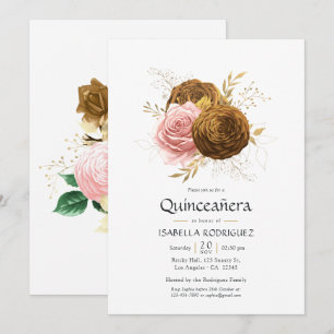 Invitation Quinceañera Florale Dorée et Teint Vintage