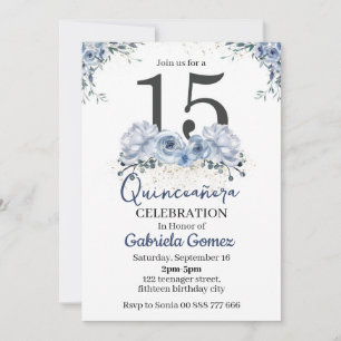 Invitation Quinceanera Florale Dusty Blue 15e anniversaire