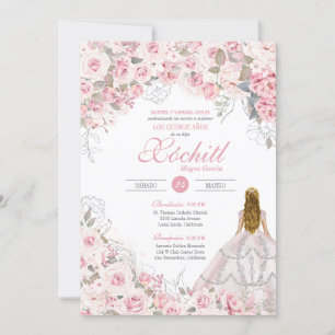 Invitation Quinceanera florale Élégante en fleurs roses
