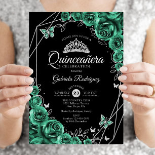 Invitation Quinceanera Florale Émeraude Vert Argent Noir