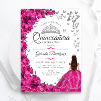 Quinceanera florale en argent rose Fuchsia