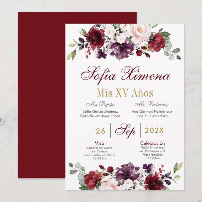 Invitation Quinceanera florale espagnole de Bourgogne (Devant / Derrière)