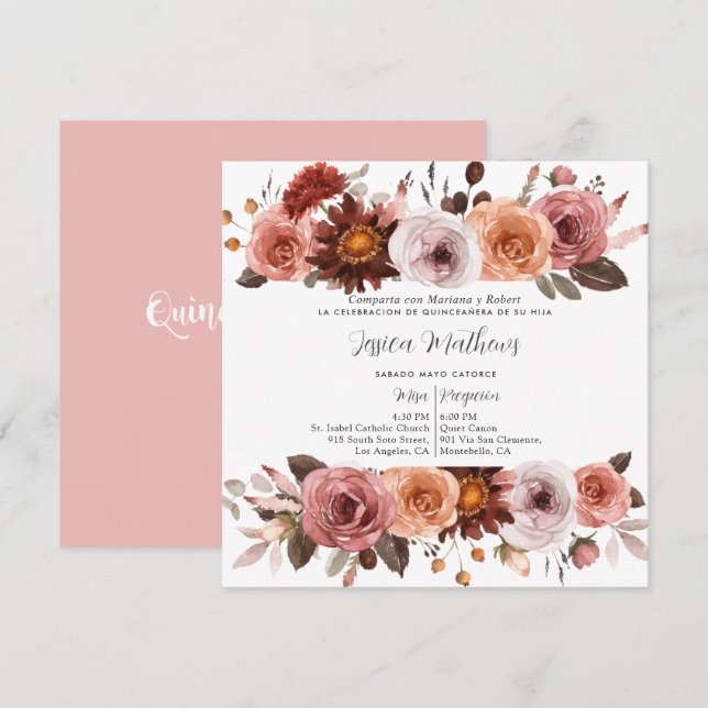 Invitation Quinceañera florale espagnole, rose pâle et bordea (Devant / Derrière)