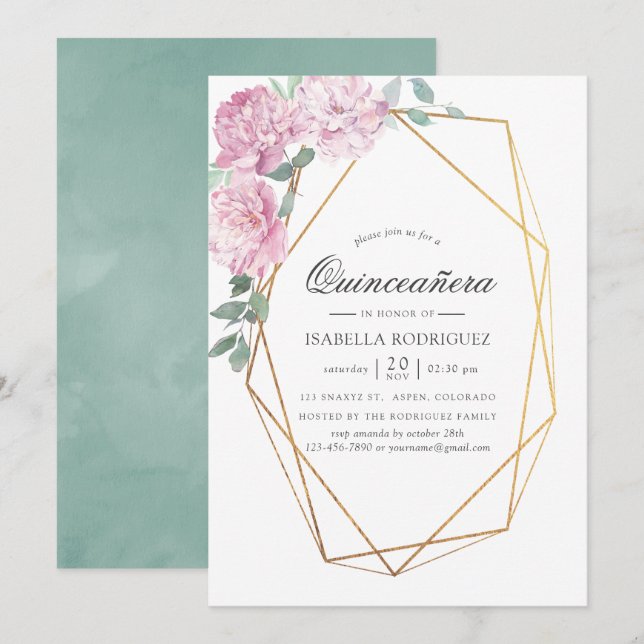 Invitation Quinceañera florale géométrique rose et menthe (Devant / Derrière)
