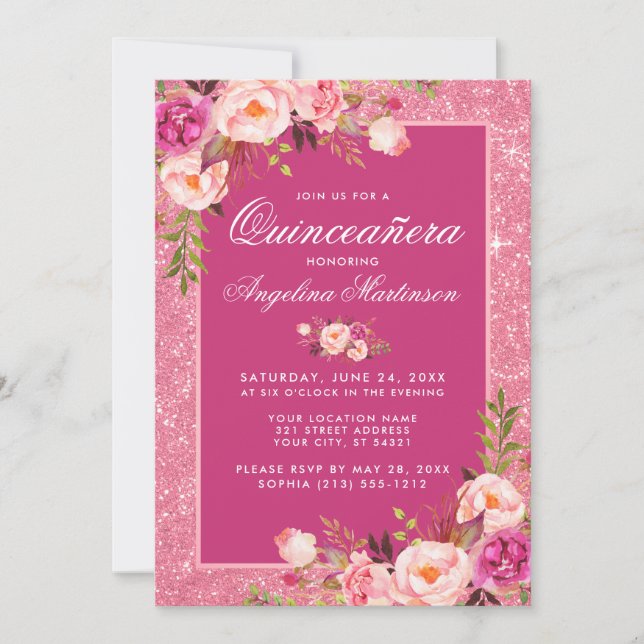 Invitation Quinceanera Florale Hot rose Parties scintillant I (Devant)