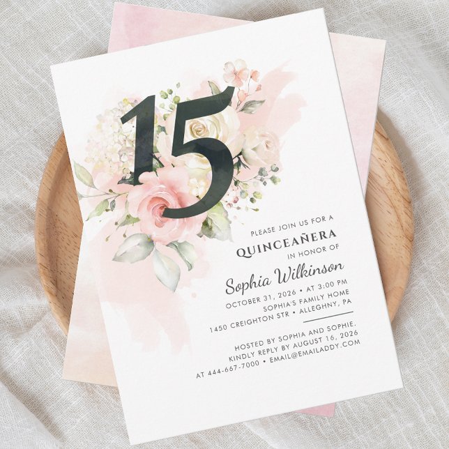 Invitation Quinceanera florale moderne 15e anniversaire rose (Quinceanera 15th Birthday Pink Floral Party Invitation)