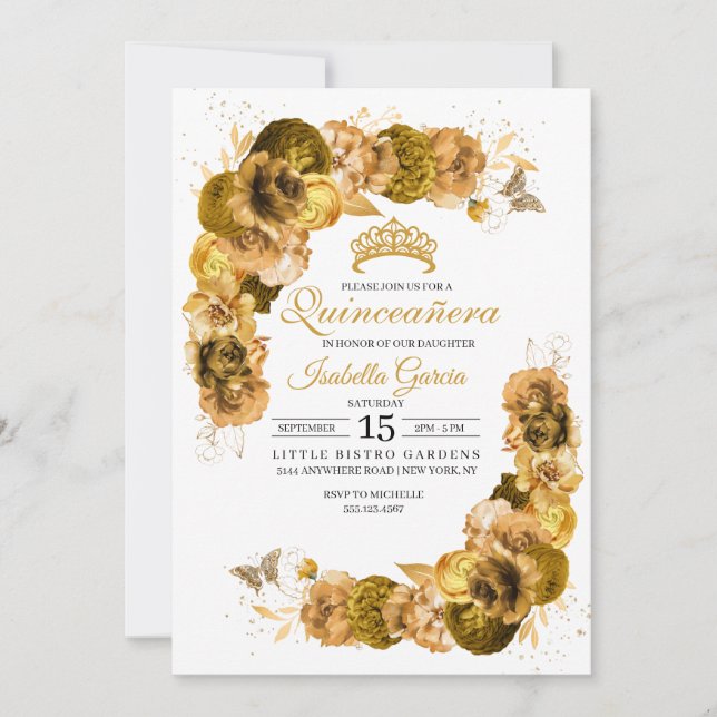 Invitation Quinceanera Florale Or Anniversaire (Devant)